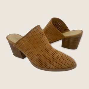 Marc Fisher Ripley Brown Suede Lasercut Perforated Stack 3" Block Heel Mule 8.5